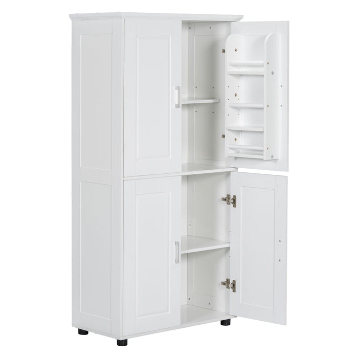 Tall And Wide Bathroom Floor Storage Cabinet With 4 Doors, Adjustable Shelves - White