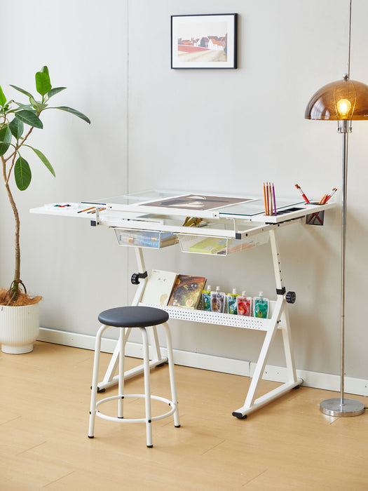 Adjustable Tempered Glass Drafting Printing Table With Chair