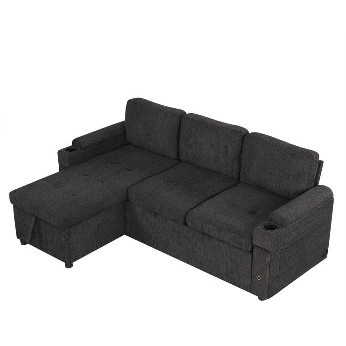 Convertible L Shaped Sofa Couch With Storage, Cup Holders, USB Ports