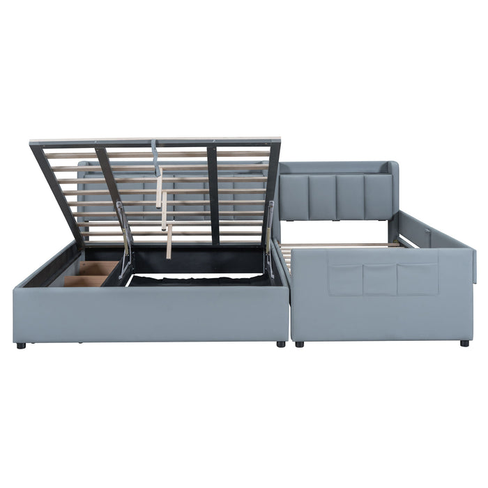 Upholstered Mother & Child Bed With Hydraulic Storage System, Drawer Box, Bedhead Storage Shelf And 2 Pairs Of Sockets & USB Ports