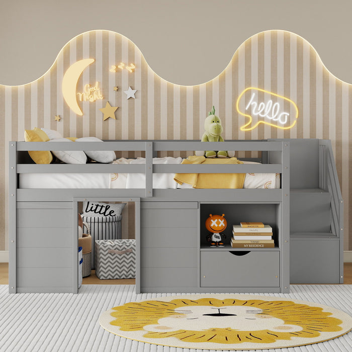 Low Loft Bed Frame With Built In Stairs, Storage Drawer, Shelf And 7 Color LED Light