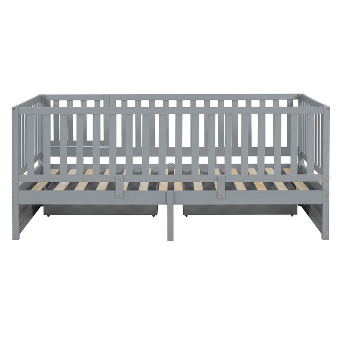 Daybed With Fence Guardrails And 2 Drawers, Split Into Independent Floor Bed & Daybed