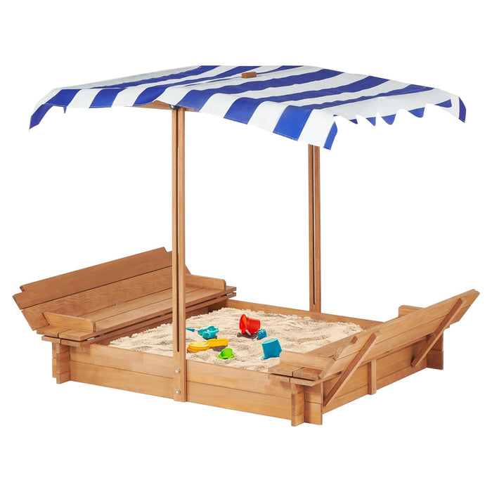 Kids Sandbox With Adjustable Cover, Sand Box With 2 Foldable Bench Seats, Outdoor Sandpit For Backyard Play - Light Brown