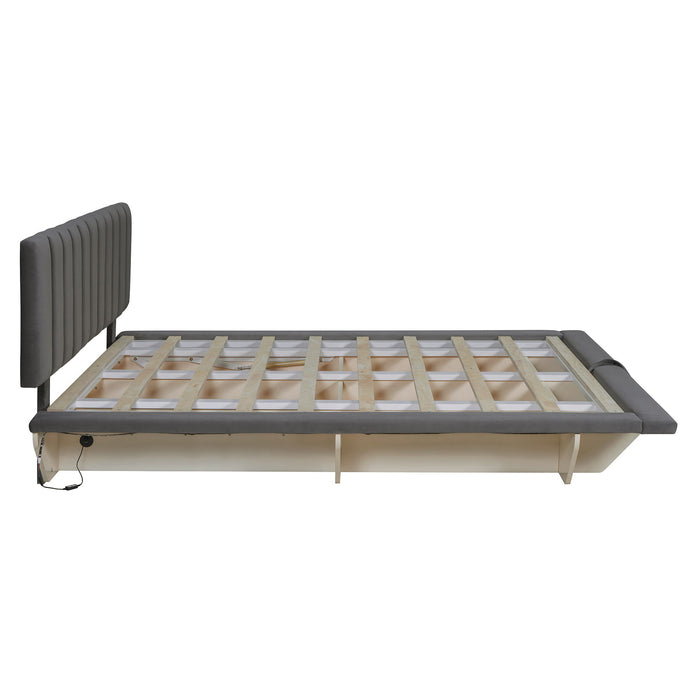 Upholstered Floating Hydrualic Platform Bed With LED Light And USB Port