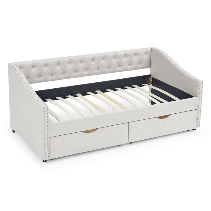 Upholstered Tufted Daybed With 2 Drawers, Waved Arms