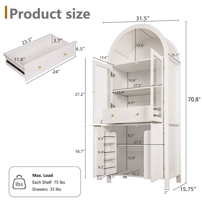 Fluted Tall Arched Pantry Cabinet With Adjustable Shelves, Glass Door & Hidden Drawer For Kitchen