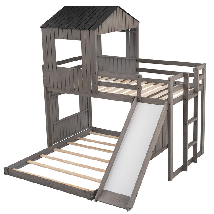 Loft Bunk Bed With Playhouse, Farmhouse, Ladder, Slide And Guardrails