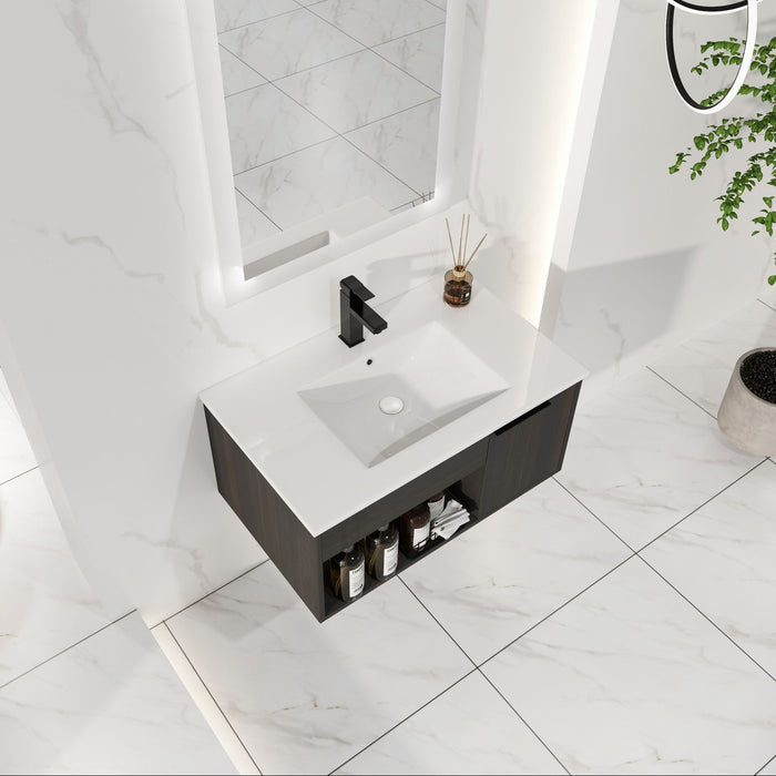 Wall Mounted Floating Bathroom Vanity With Open Shelf & Soft Close Door