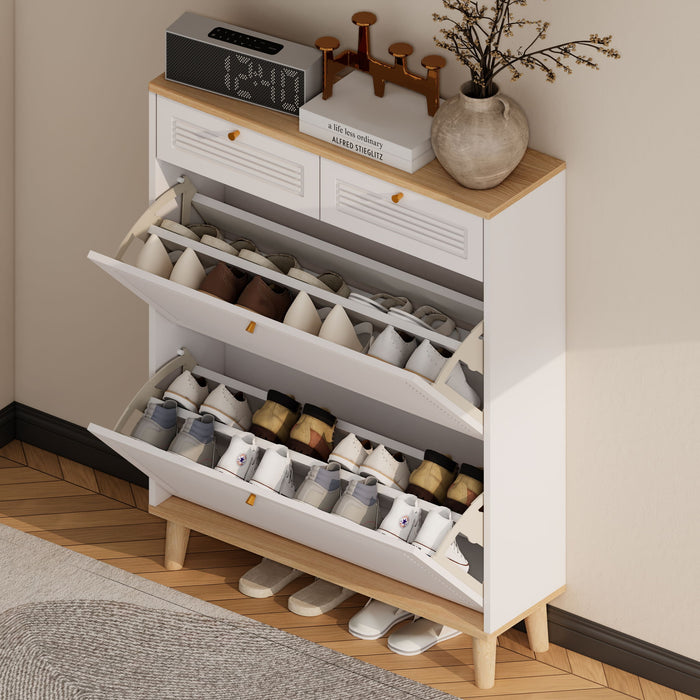Modern Freestanding Shoe Cabinet With Flip Up Doors And Drawers, Compact Design For Entryway - White Natural
