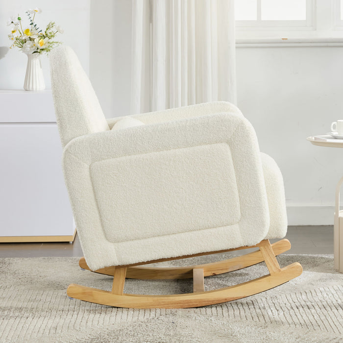 Accent Rocking Chair With Curved Back & Pillow, Base, Ultimate Comfort For Living Room Or Nursery - Cream White
