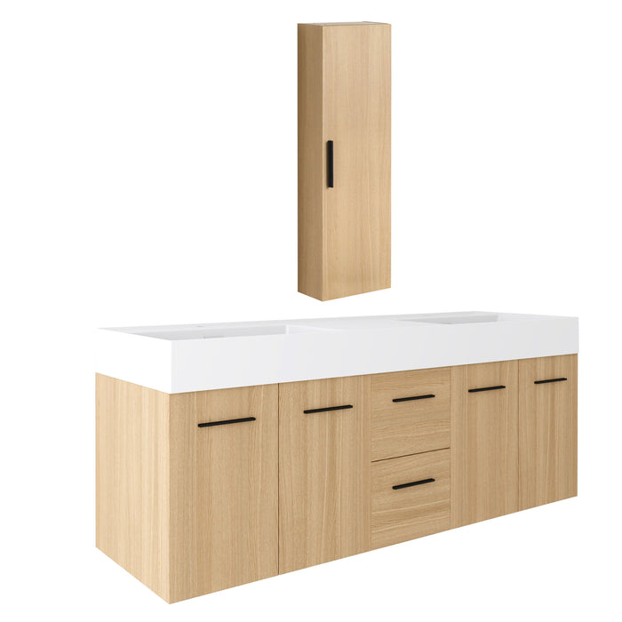 Floating Double Sink Bathroom Vanity Set With Tall Linen Cabinet, Drawers And Doors, Extra Large Storage, Integrated Sink, Soft Close Hardware - Glossy White / Light Oak