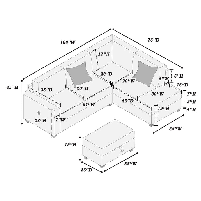Modern Style Sectional Set With USB Port, Storage Ottoman