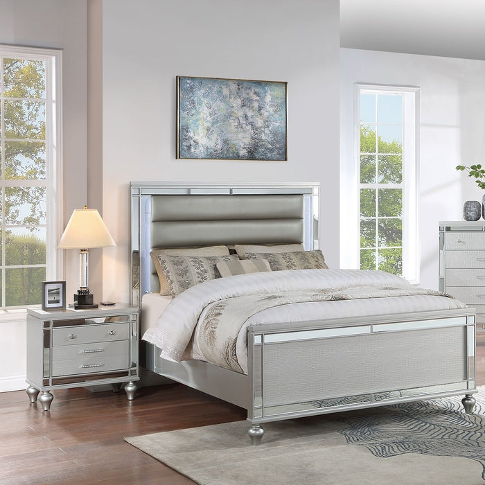 Modern Bed With LED Lights And Glass Panels, 2 Nightstands
