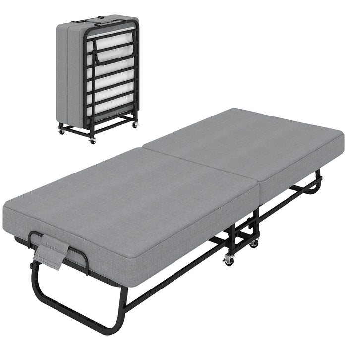 Twin Folding Bed With Memory Foam Mattress, 4 Lockable Wheels - Gray