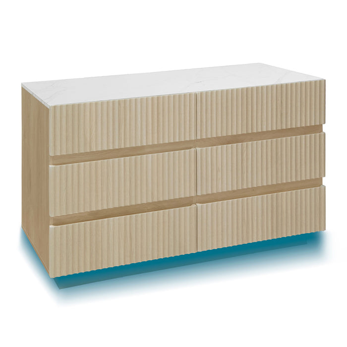 Fluted 6 Drawers Dresser, Double Dresser Chest Of Drawers, Modern Chest Of Drawers With LED, Drawer Organizer For Bedroom, Living Room, Hallway - Natural
