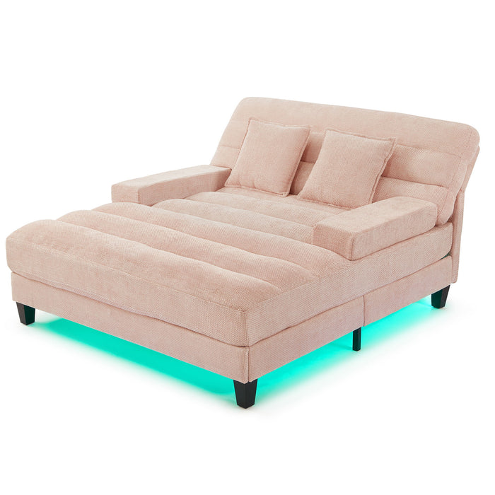 Chaise Bed Lounge Sofa Chair With Adjustable Backrest And LED Light Strip - Pink