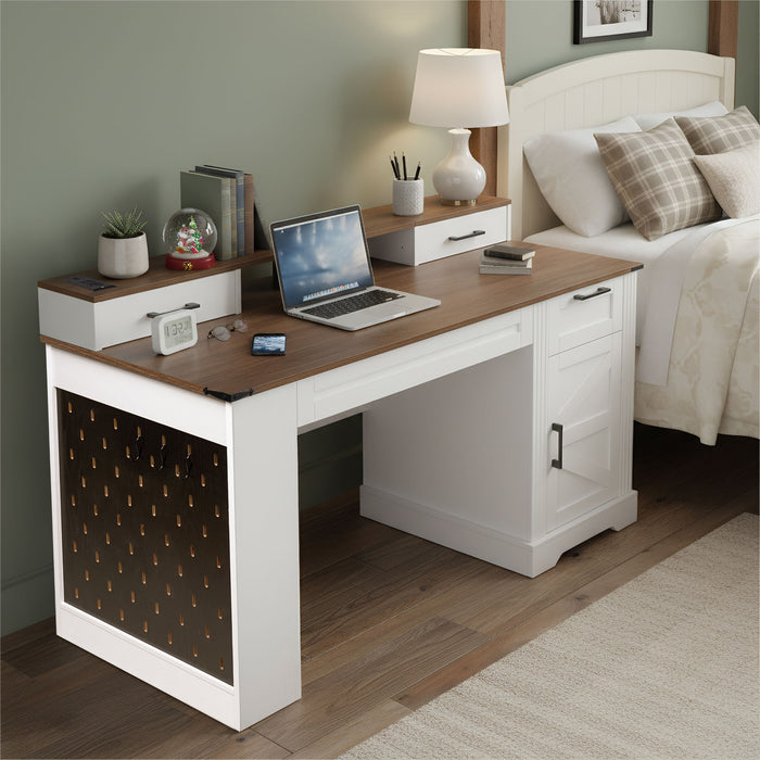 Office Desk With Storage Cabinet, Charging Station, Monitor Stand & Pegboard