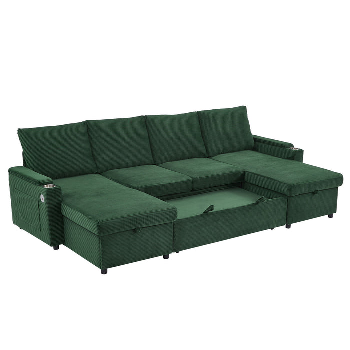 U Shaped Sectional Sofa Bed With Storage Chaise Lounges, USB Ports, And Cup Holders