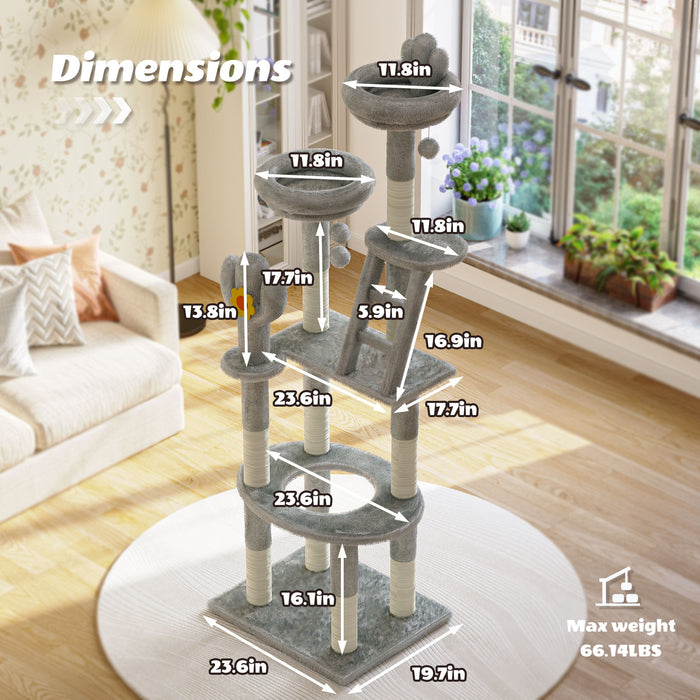 Cactus Cat Tree With Transparent Capsule, Sisal Scratching Posts - Gray