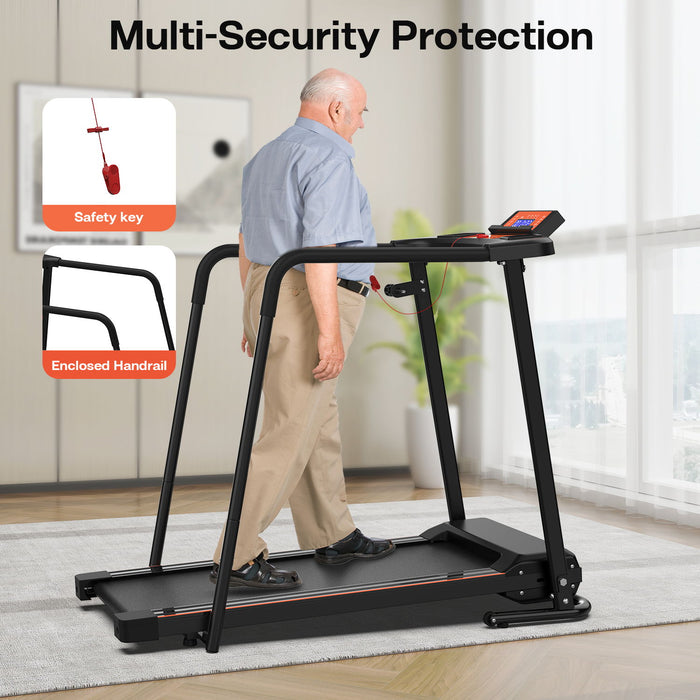 Home Fitness Treadmill With Extended Handrails, Portable Foldable Design - Black / Orange