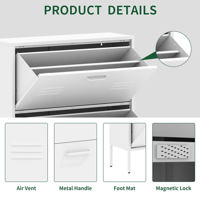 Modern Shoe Storage Cabinet With 3 Flip Drawers And Metal Frame For Entryway - Brushed Nickel