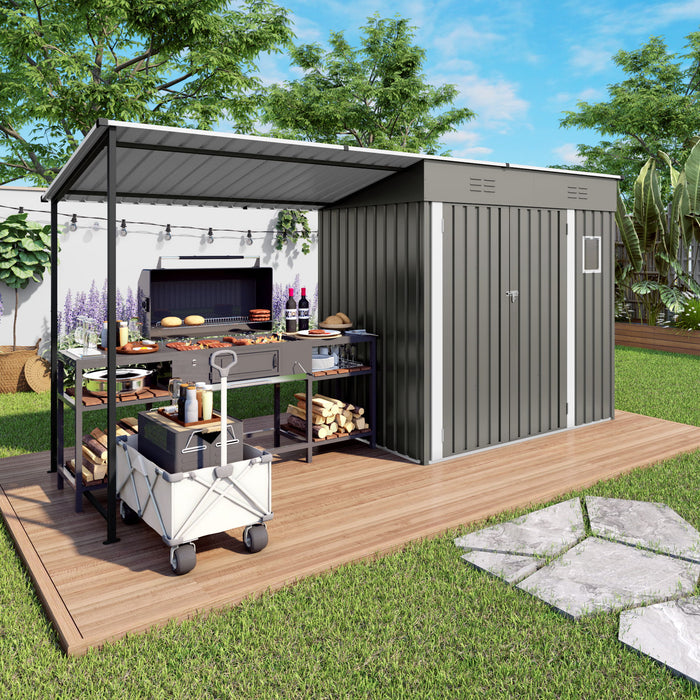 Lean To Shed With Open Sided Pergola, Outdoor Storage Shed & Attached Hardtop Gazebo Combo - Gray