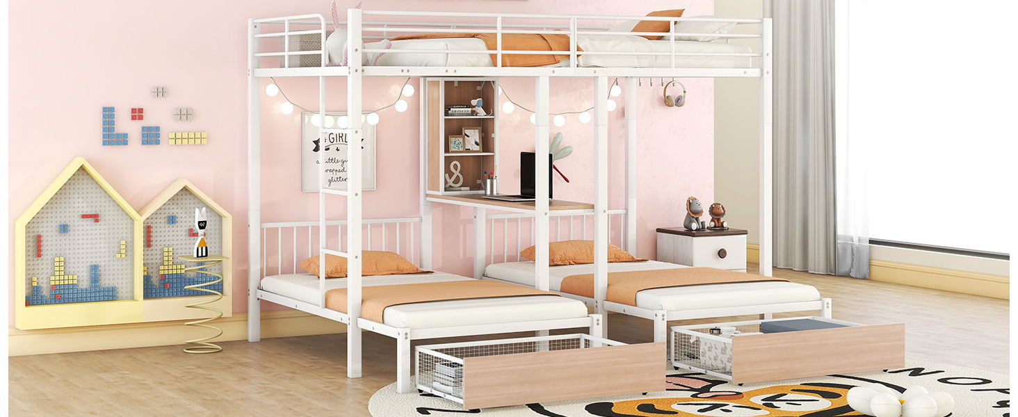 Triple Bunk Bed With Drawers, Multi-Functional Frame With Desks And Shelves In The Middle