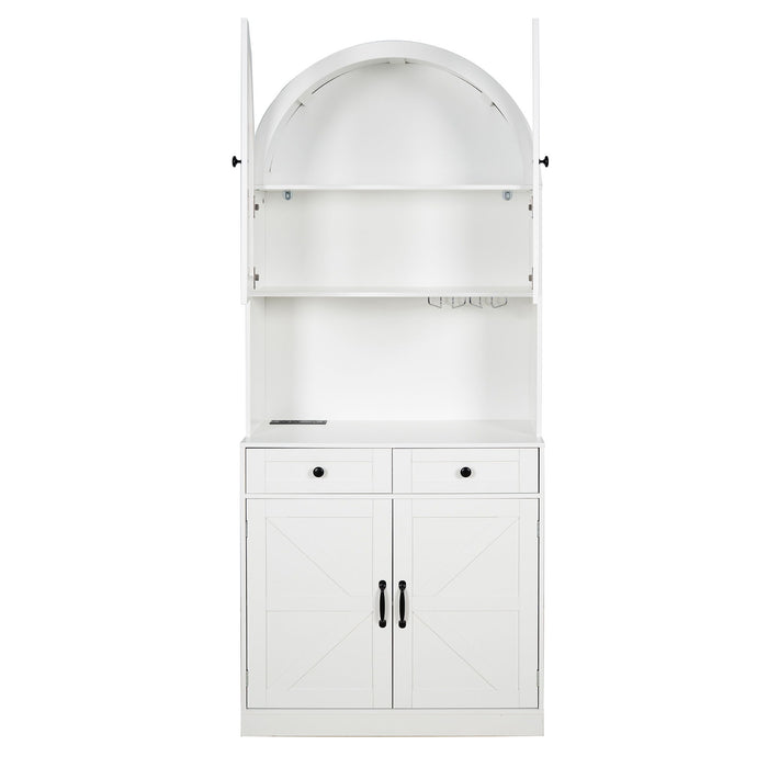 Tall Arched Pantry Cabinet With Charging Station, Adjustable Shelves, Coffee Bar