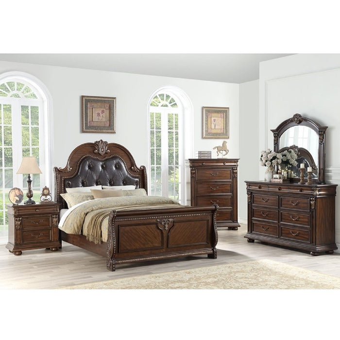Bed & Carved Padded And Button Tufted Headboard