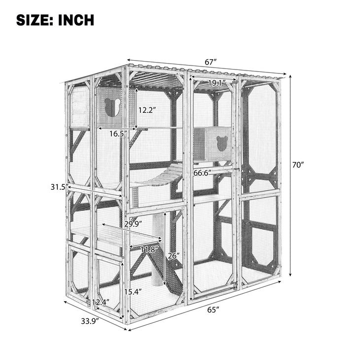 Outdoor Cat Enclosure With Sleeping Houses, Jumping Platforms, Scratching Post