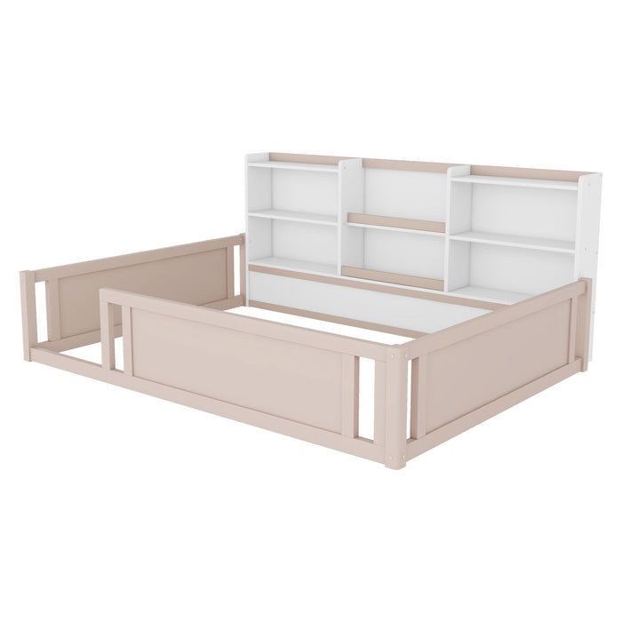 Platform Floor Bed With Guardrail Fence And Side Storage Shelves