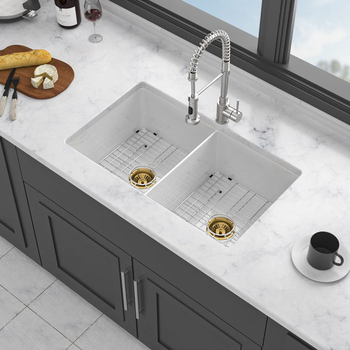 32" Undermount Double Bowl Kitchen Sink Rectangular Deep Dual Bas With Grids - White