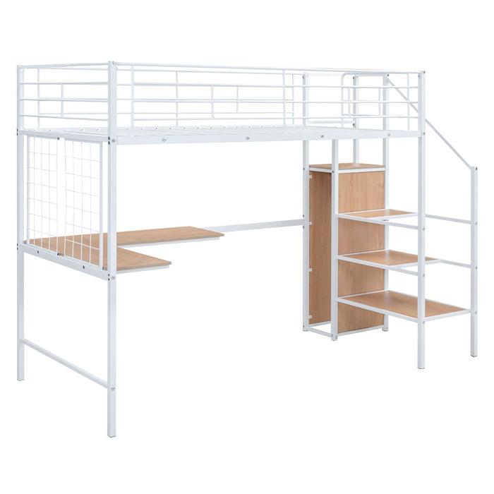 Loft Bed With Desk And Grid, Stylish Frame With Lateral Storage Ladder And Wardrobe