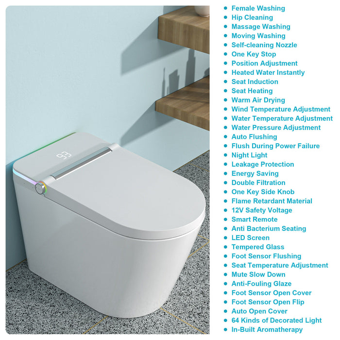 Smart Toilet With Bidet Built In, Auto Open & Close, Elongated Heated Seat, Foot Sensor Flush, LED Display, Warm Water Wash - White