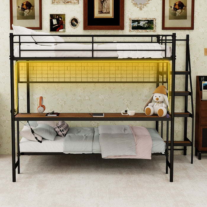 Bunk Bed With Built In Desk And LED Lighting