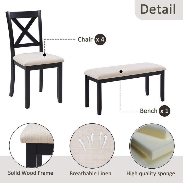 6 Piece Dining Table Set With Bench - Beige / Black / Oak