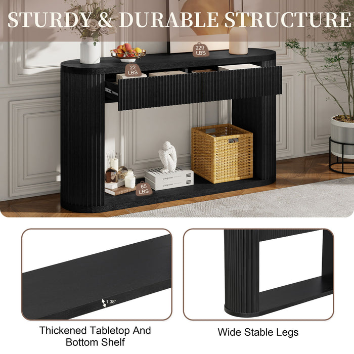 Oval Fluted Console Table With 2 Drawers And Bottom Shelf