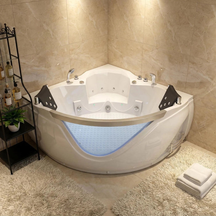 Xavier - Double Corner Massage Bathtub, Equipped With Gfci Plug And Ul Certified Water Pump, Upc Certified Drain - Milk White