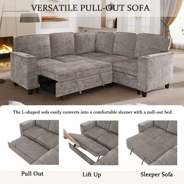 L-Shaped Sofa With Pull Out Sofa Bed With USB