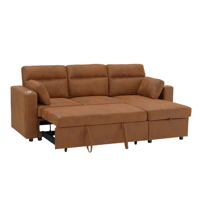 Convertible L - Shaped Sectional Sofa Bed With Storage Chaise, Cup Holders