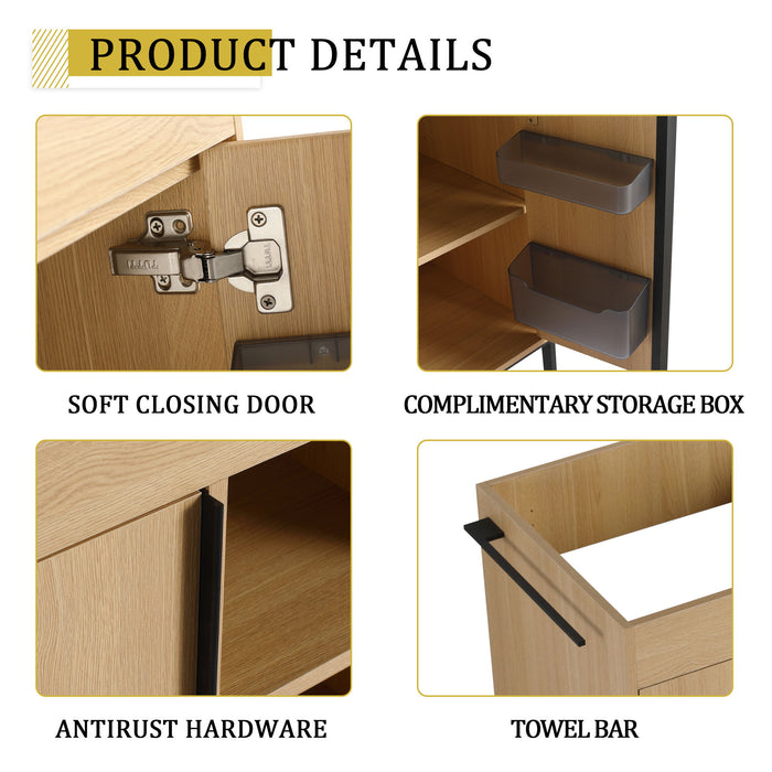 48" Freestanding Bathroom Vanity With Double Sink, 2 Soft Close Doors & 3 Open Shelves - Oak