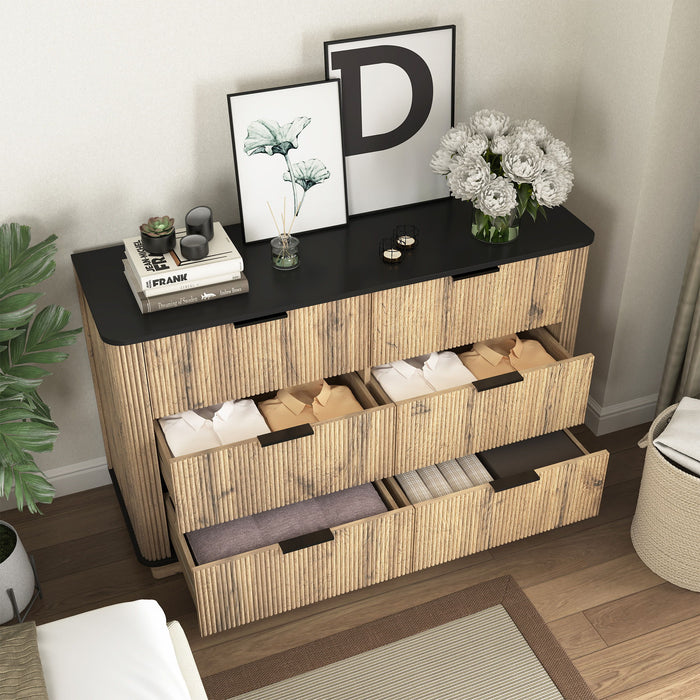 Modern 6 Drawer Cabinet With Metal Rounded Corners And Exquisite Handles Multi Functional Storage - Natural Wood