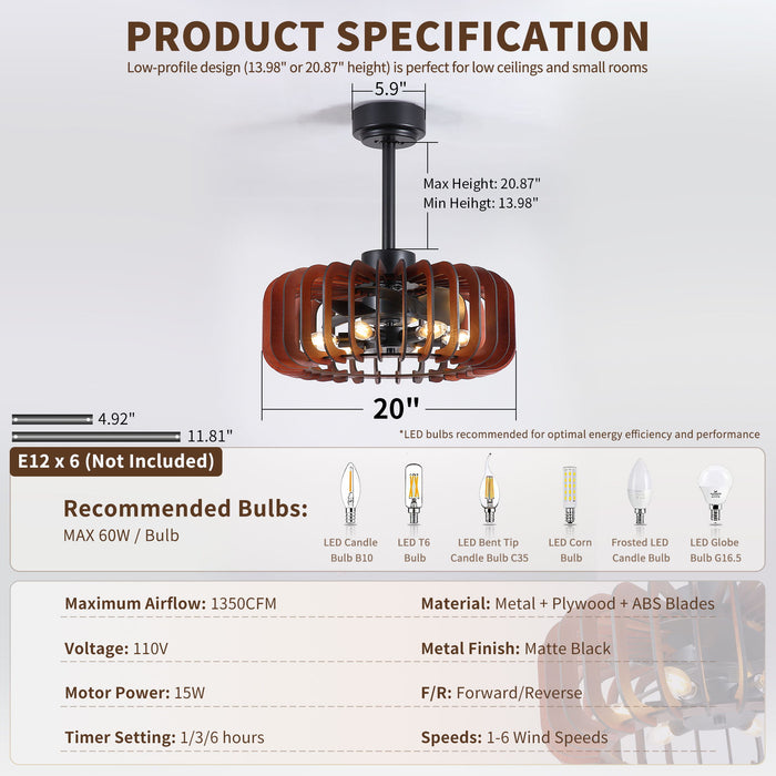 Ceiling Fan, Fandelier With 6 E12 Sockets, Reversible DC Motor, 6 Speeds, Remote Control, Adjustable Hanging - Black / Brown