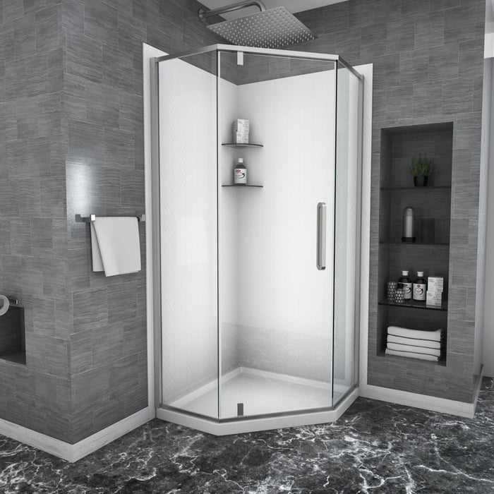 Semi Frameless Neo Angle Hinged Shower Enclosure With Clear Tempered Glass - Brushed Nickel