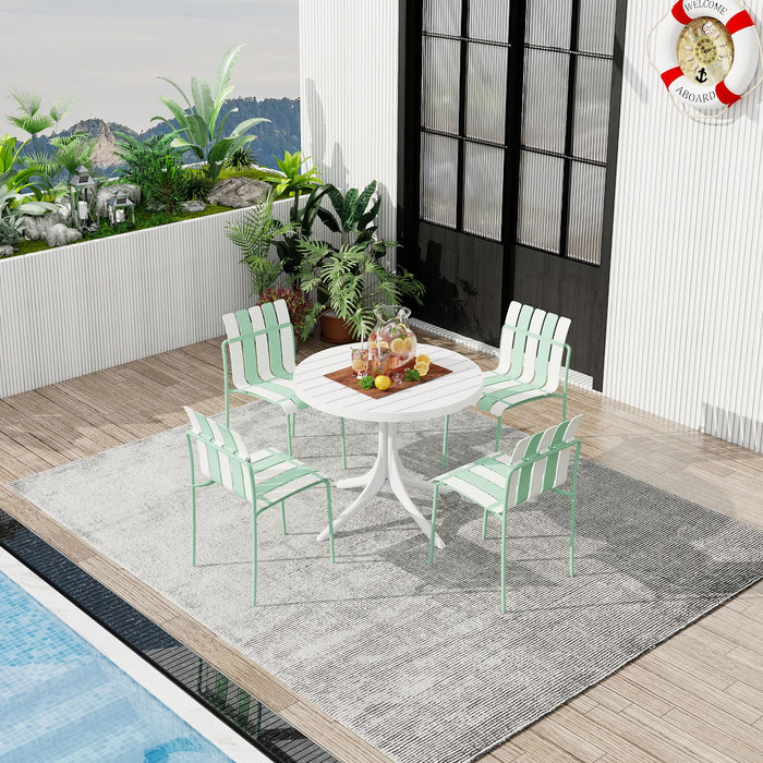 4 Piece Set Of Color Block Designed Single Chairs & Round Table - Cream White / Haze Green / White