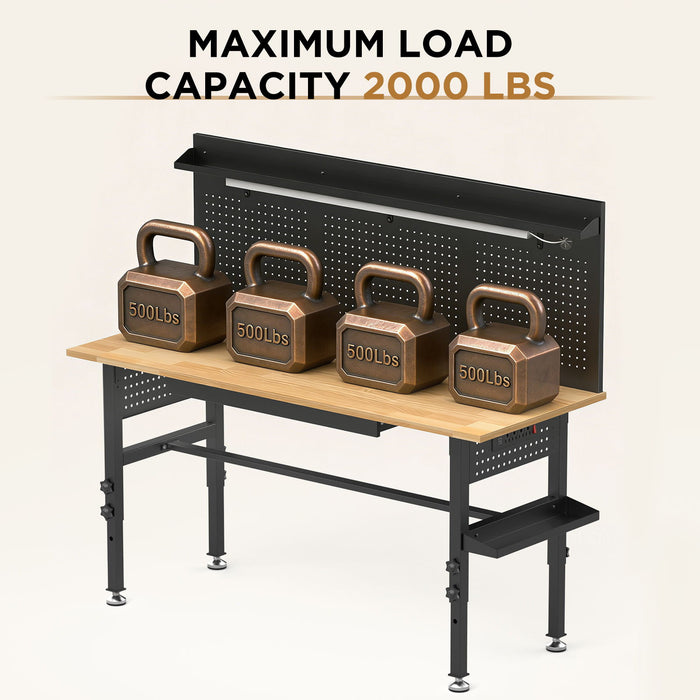 Adjustable Height Workbench, Includes Drawers, Power Outlet, LED Light, Wheels Or Leveling Feet - Black