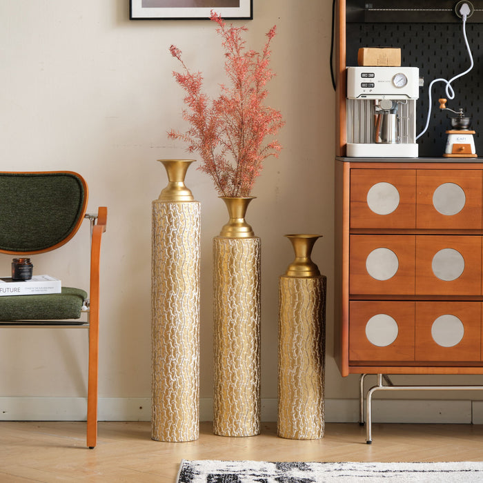 Metal Decorative Vases High Distress Metal Center Vases With Growing Vine Patterns, (Set of 3) Vases For Home Decoration - Gold