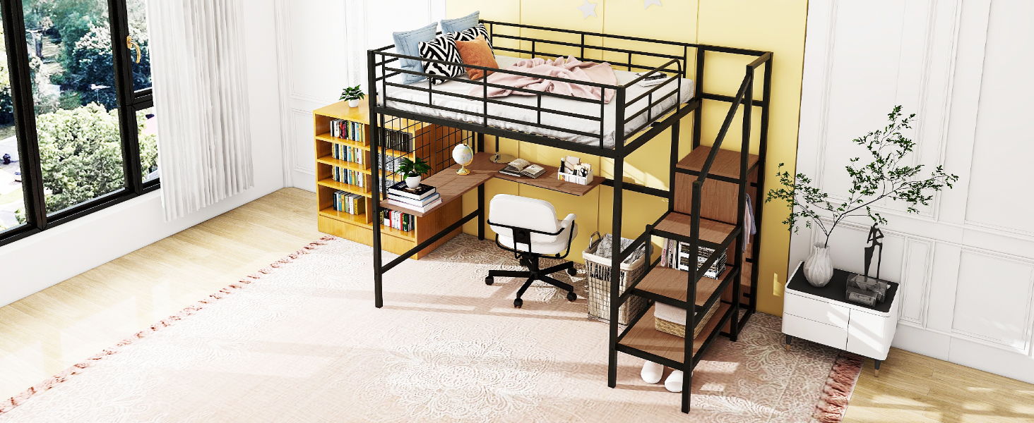 Loft Bed With Desk And Grid, Stylish Frame With Lateral Storage Ladder And Wardrobe