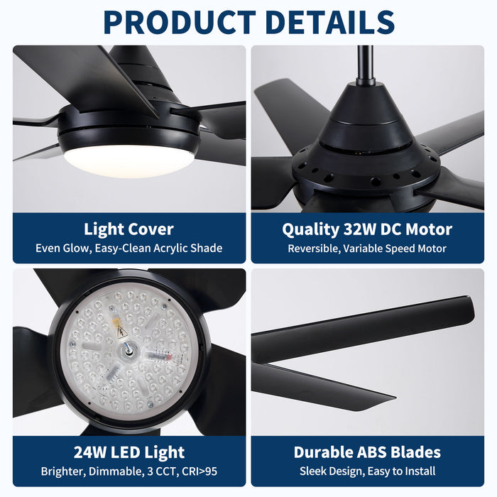 Ceiling Fan With Lights And Remote Control, Reversible DC Motor, 6 Speeds, 3 Cct Dimmable LED, Quiet Timer For Indoor - Black