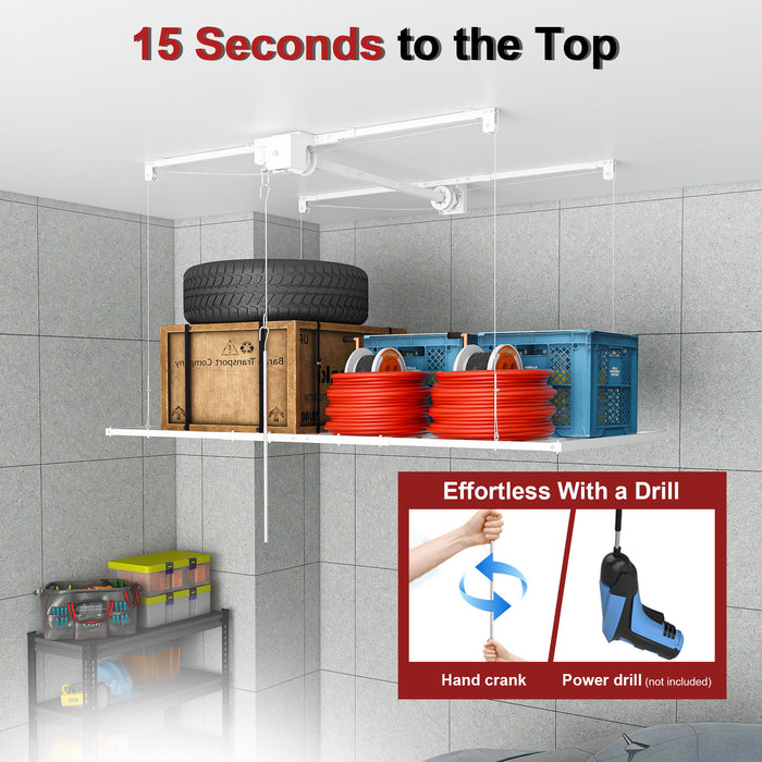 Overhead Garage Storage Rack 3 X 6 Ft For High Ceilings, With Safety Lock - White